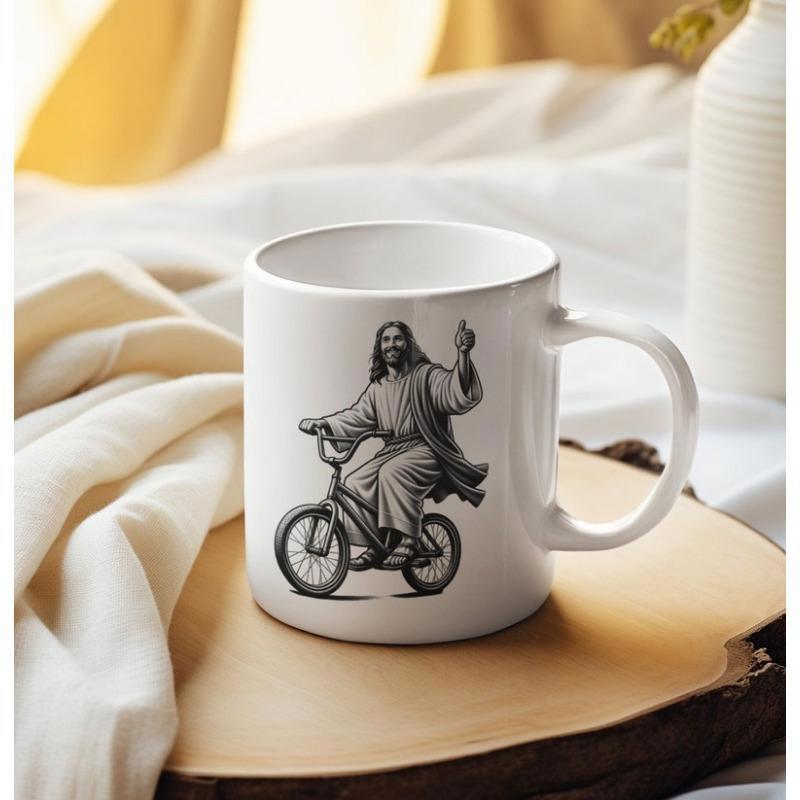 Tailorly White Ceramic 11 oz Mug - Monochrome Sketch Of Jesus Christ Riding A Small Bicycle With Raised Hand Jesus