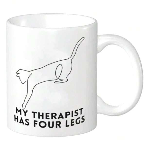 Tailorly White Ceramic 11 oz Mug - My Therapist Has Four Legs Minimalist Black Single Line Art Design Featuring A Stretching Playful Feline Cat