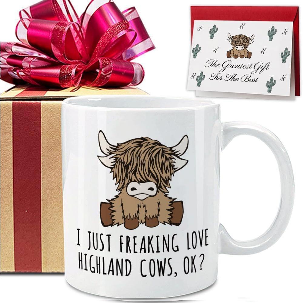 Tailorly White Ceramic 11 oz Mug - I Just Freaking Love Highland Cows OK Adorable Brown Cartoon Animal With Messy Fur And Small Horns Highland Cow