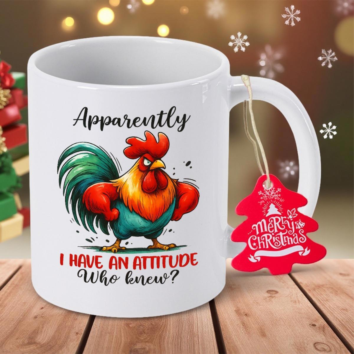 Tailorly White Ceramic 11 oz Mug - Apparently I Have An Attitude Who Knew Vibrant Colorful Cartoon Bird With Angry Expression And Green Tail Feathers Rooster