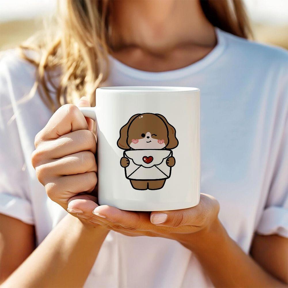 Tailorly White Ceramic 11 oz Mug - Cute Brown Puppy Character Holding Envelope With Little Red Heart Dog
