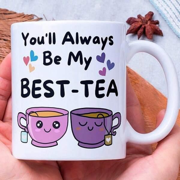 Tailorly White Ceramic 11 oz Mug - Youll Always Be My Best Tea Adorable Cartoon Teacups With Smiling Faces Floating Among Delicate Little Hearts Mug