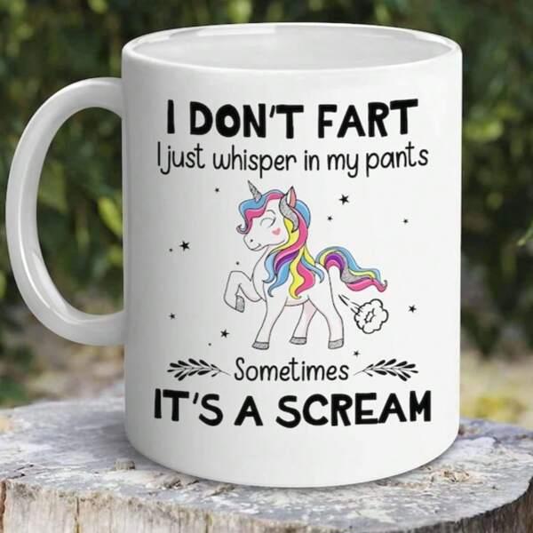 Tailorly White Ceramic 11 oz Mug - I Dont Fart I Just Whisper In My Pants Sometimes Its A Scream Magical Rainbow Mane With Colorful Clouds And Sparkling Stars