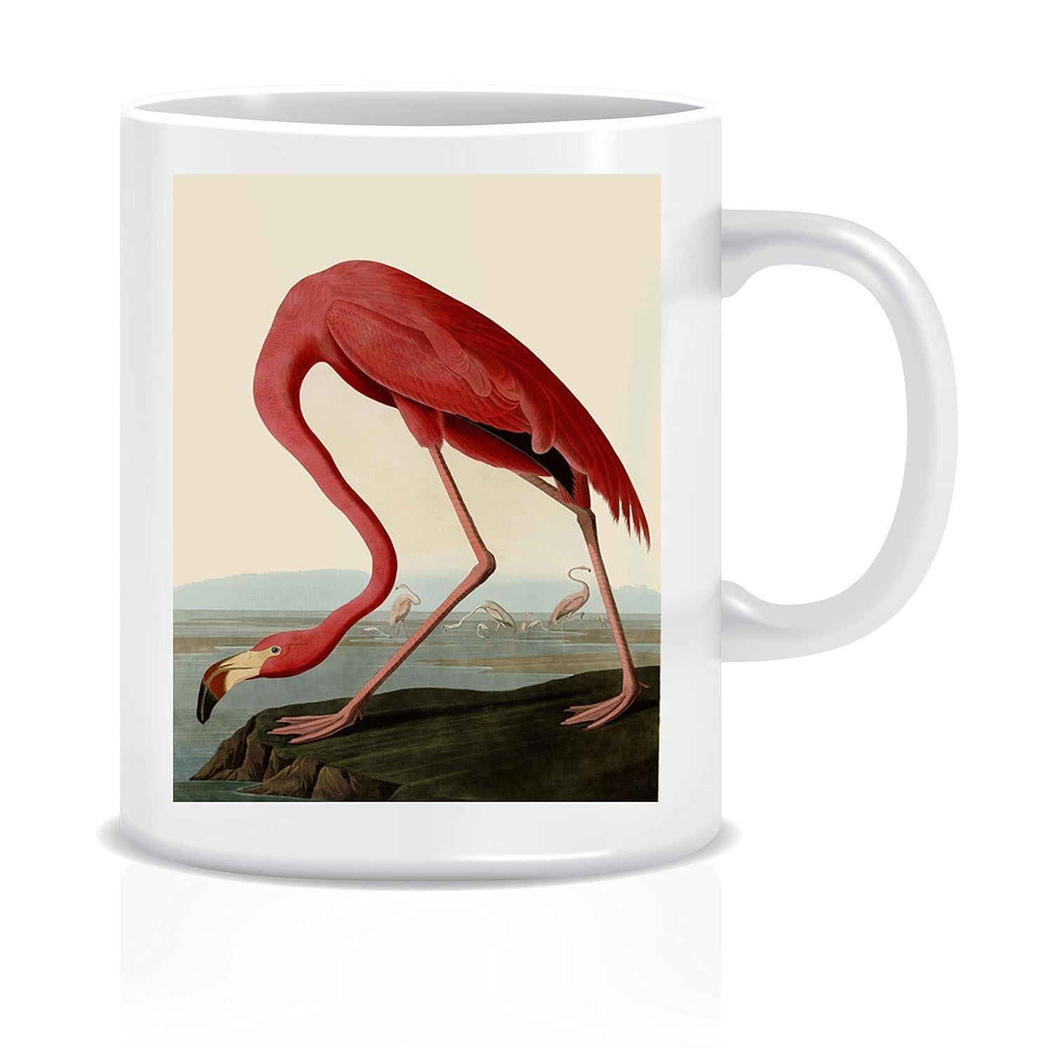 Tailorly White Ceramic 11 oz Mug - Vibrant Pink Feathered Bird Standing On Dark Rock Near Water Flamingo