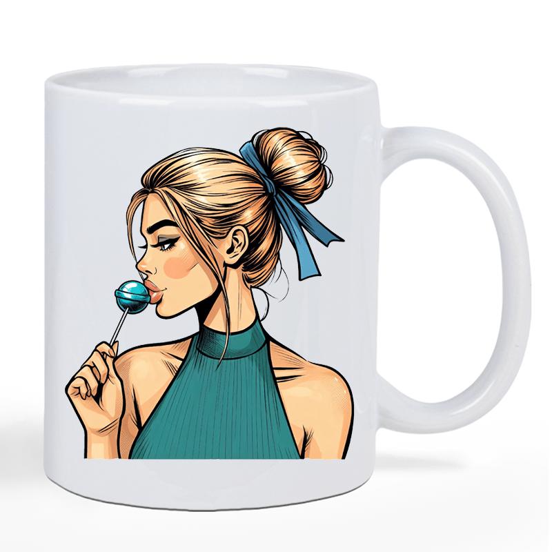 Tailorly White Ceramic 11 oz Mug - Stylish Young Girl Holding Blue Lollipop Tied With Blue Ribbon Woman