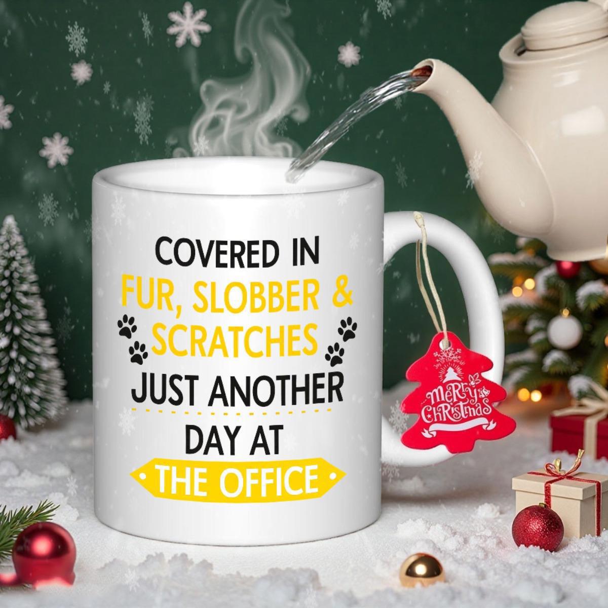 Tailorly White Ceramic 11 oz Mug - Covered In Fur Slobber Scratches Just Another Day At The Office Minimalist Aesthetic Pet Themed Illustration Featuring