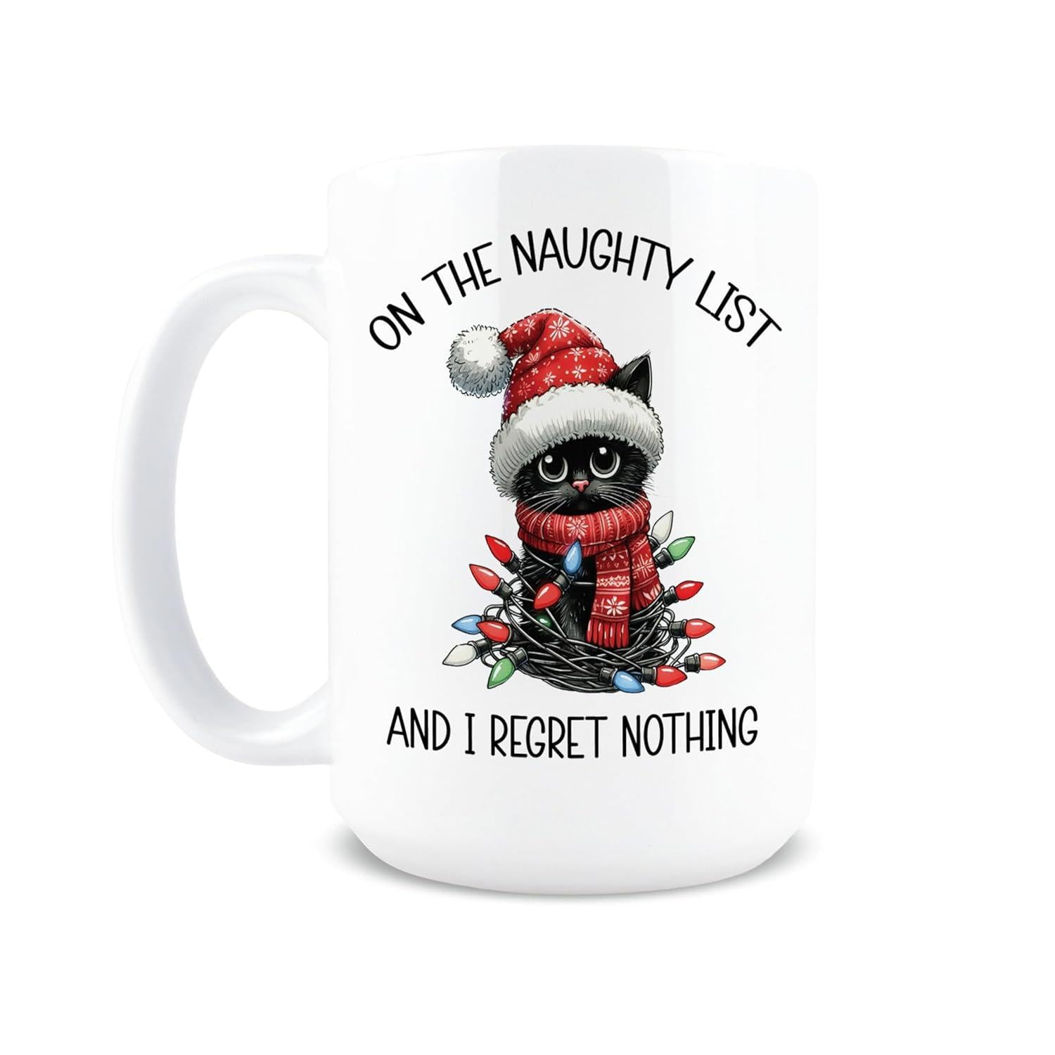 Tailorly White Ceramic 11 oz Mug - On The Naughty List And I Regret Nothing Festive Black Kitten Tangled In Colorful Christmas Lights Cat