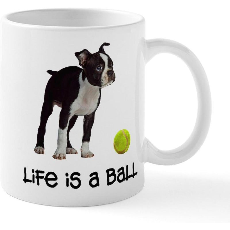 Tailorly White Ceramic 11 oz Mug - Life Is A Ball Adorable Black And White Boston Terrier Standing Beside Vibrant Green Tennis Ball Dog