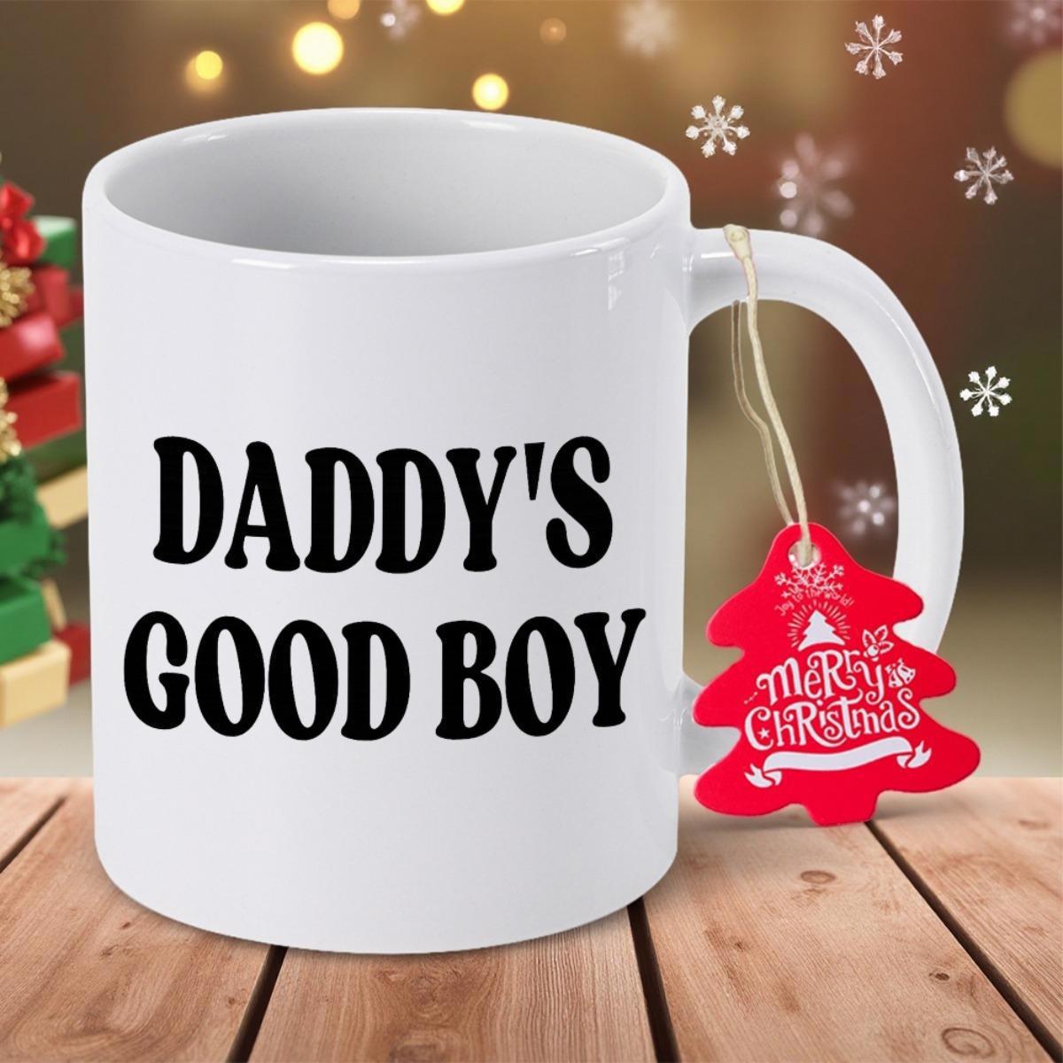 Tailorly White Ceramic 11 oz Mug - Daddys Good Boy Merry Christmas Minimalist White Ceramic Cylinder Featuring Bold Black Printed Script Text Mug
