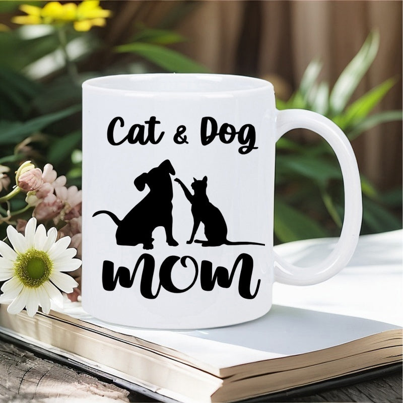 Tailorly White Ceramic 11 oz Mug - Cat Dog Mom Minimalist Black Silhouettes Of Pet Friends Touching Paws In Loving Harmony Pets