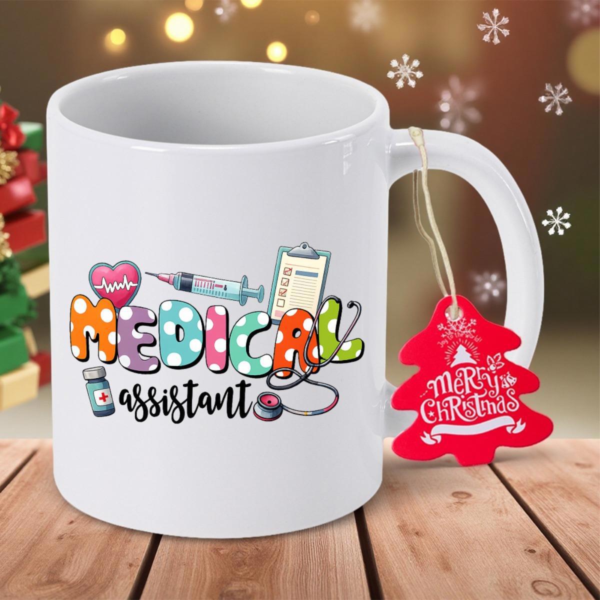 Tailorly White Ceramic 11 oz Mug - Medical Assistant Merry Christmas Vibrant Colorful Polka Dot Letters Featuring Common Medical Tools Mug