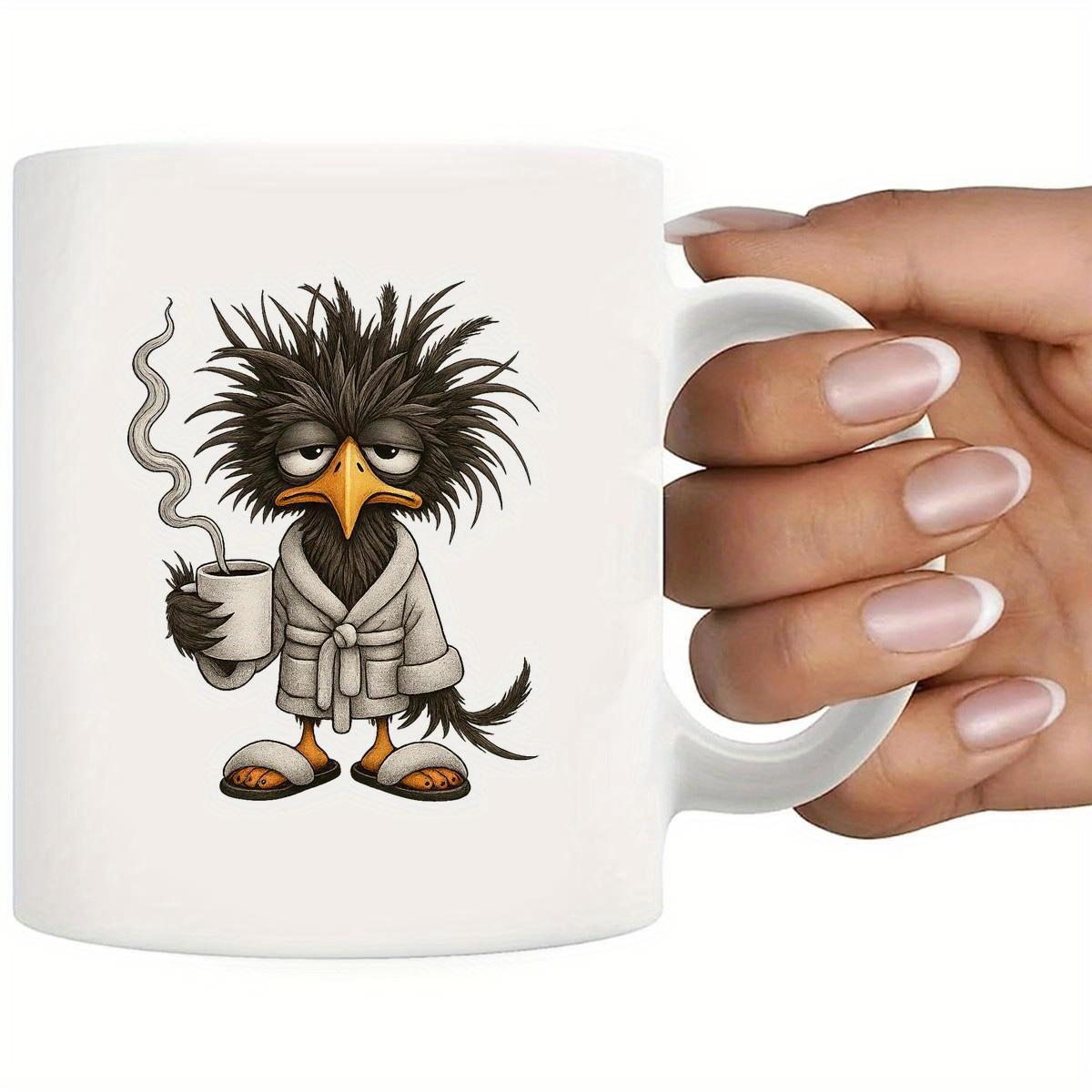 Tailorly White Ceramic 11 oz Mug - Tired Grumpy Morning Character With Messy Hair Wearing Bathrobe Holding Coffee Bird