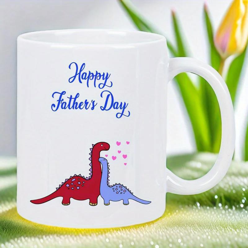 Tailorly White Ceramic 11 oz Mug - Happy Father's Day Red And Blue Long Neck Creatures With Pink Hearts Dinosaur