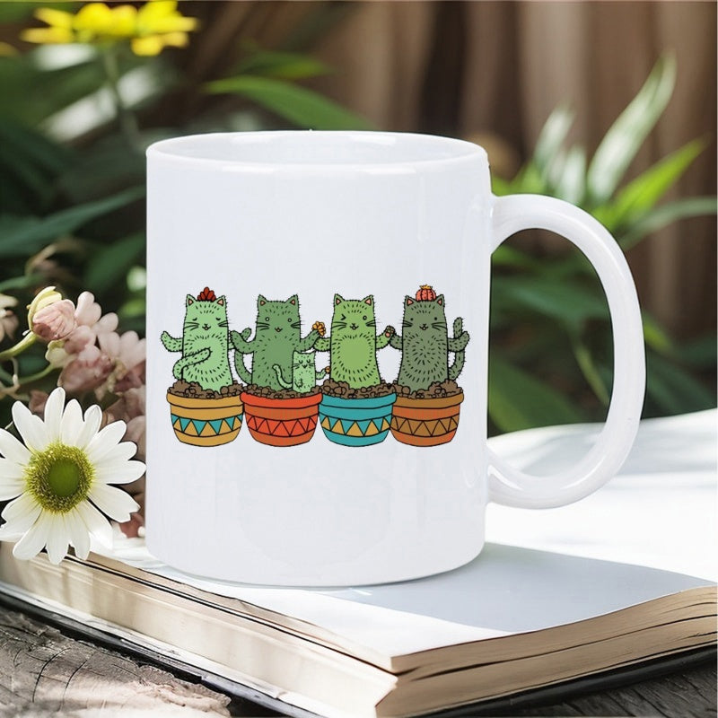 Tailorly White Ceramic 11 oz Mug - Cute Green Cactus Cats Sitting In Four Colorful Patterned Pots Cactus