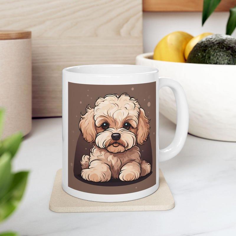 Tailorly White Ceramic 11 oz Mug - Cute Fluffy Puppy With Soft Curls Against Warm Tonal Background Dog