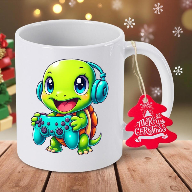 Tailorly White Ceramic 11 oz Mug - Cute Character Wearing Blue Headphones Holding Modern Gaming Controller Turtle