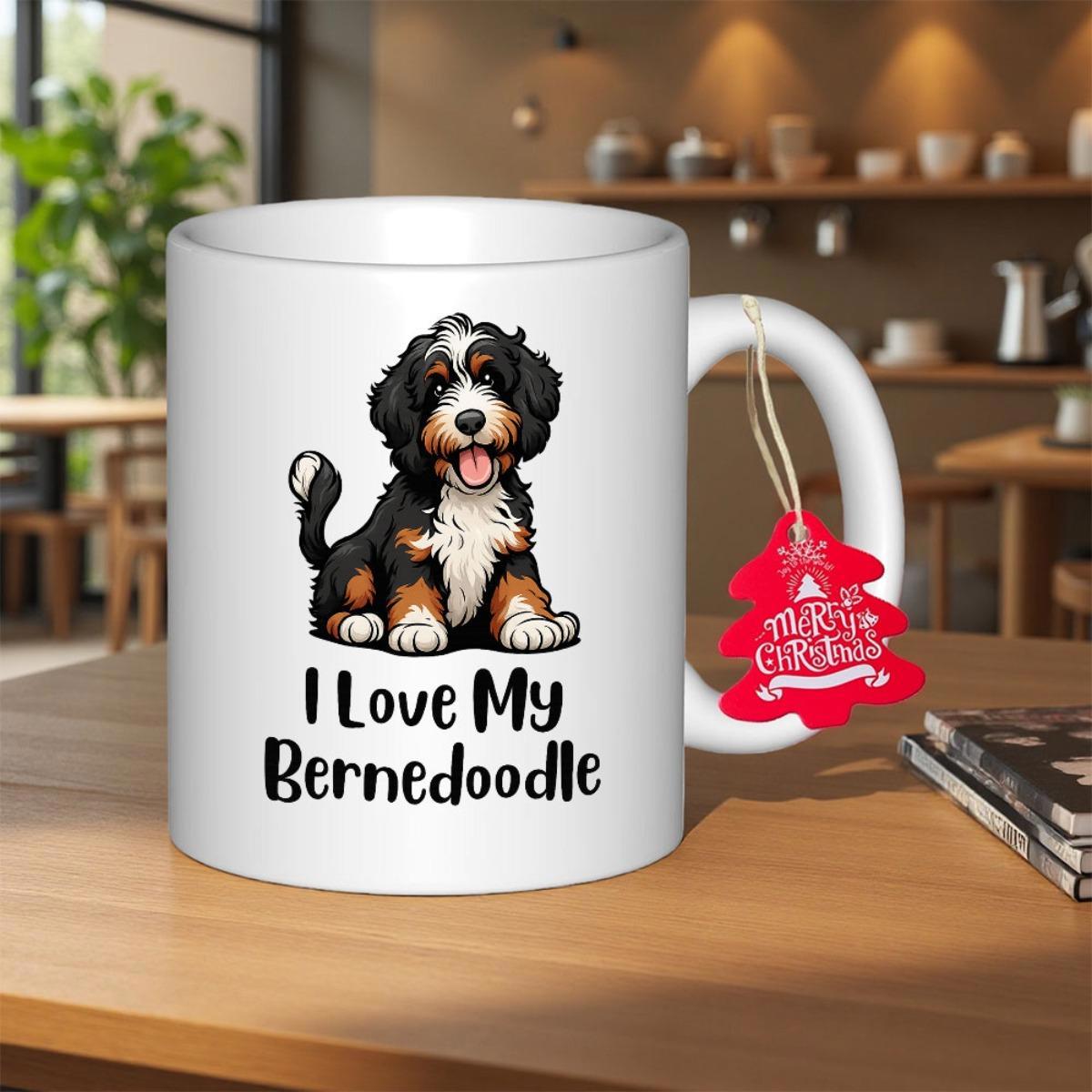 Tailorly White Ceramic 11 oz Mug - I Love My Bernedoodle Merry Christmas Cute Sitting Bernedoodle Puppy With Fluffy Fur And Happy Smile Dog