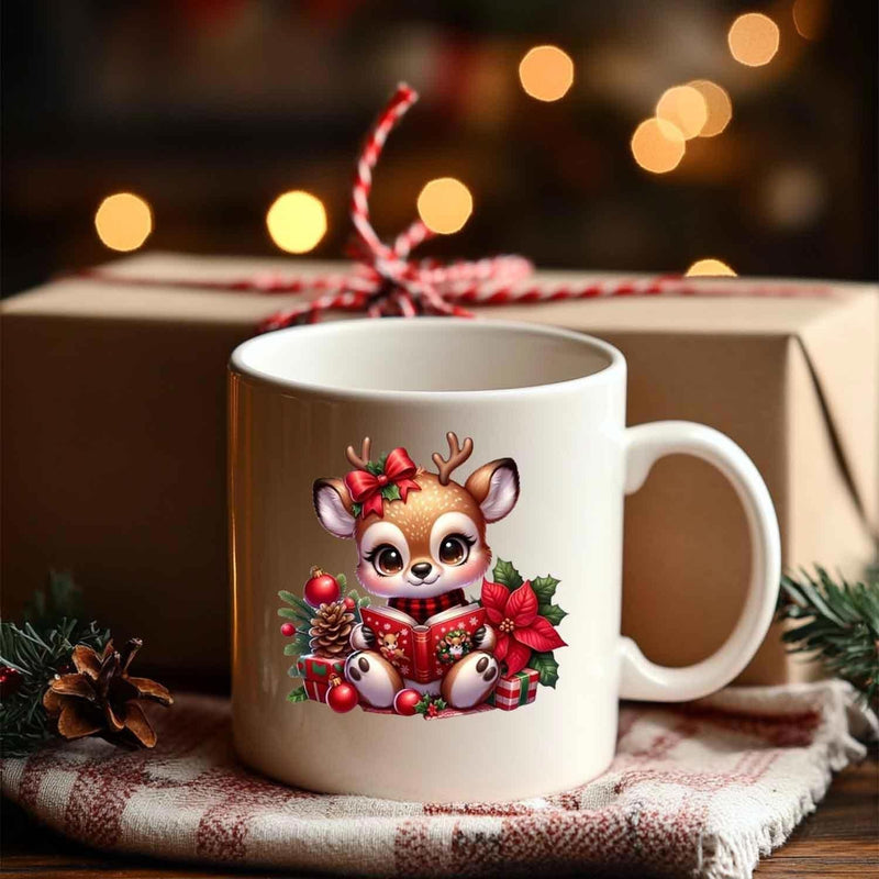 Tailorly White Ceramic 11 oz Mug - Adorable Cartoon Reindeer With Red Bow Reading Books Among Festive Winter Flowers Reindeer