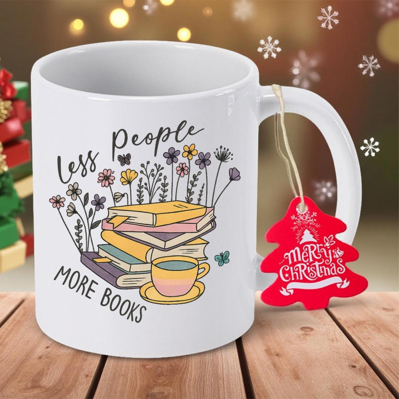 Tailorly White Ceramic 11 oz Mug - Less People More Books Vibrant Stack Of Reading Materials Among Delicate Wildflowers Books