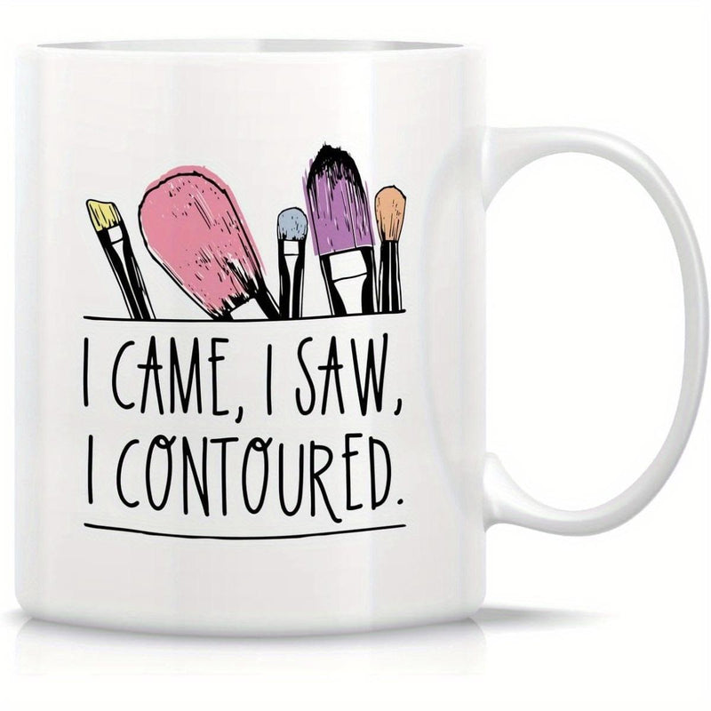 Tailorly White Ceramic 11 oz Mug - I Came I Saw I Contoured Diverse Cosmetics Tools Arrayed In Artistic Hand Drawn Sketch Style Brushes