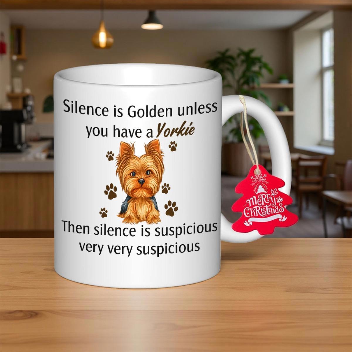 Tailorly White Ceramic 11 oz Mug - Silence Is Golden Unless You Have A Yorkie Then Silence Is Suspicious Very Very Suspicious Adorable Brown And Tan Puppy Sitting