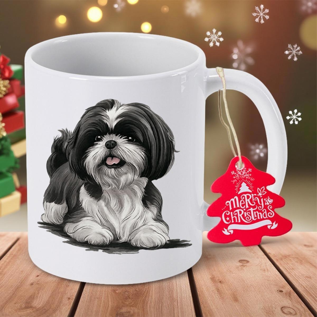 Tailorly White Ceramic 11 oz Mug - Merry Christmas Charming Fluffy Black And White Long Haired Dog Resting Peacefully Shih Tzu