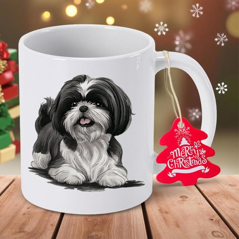 Tailorly White Ceramic 11 oz Mug - Merry Christmas Charming Fluffy Black And White Long Haired Dog Resting Peacefully Shih Tzu