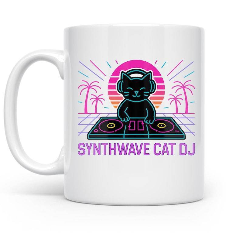 Tailorly White Ceramic 11 oz Mug - Synthwave Cat DJ Neon Sunset Horizon With Vibrant Palm Trees Under Musical Beats Cat