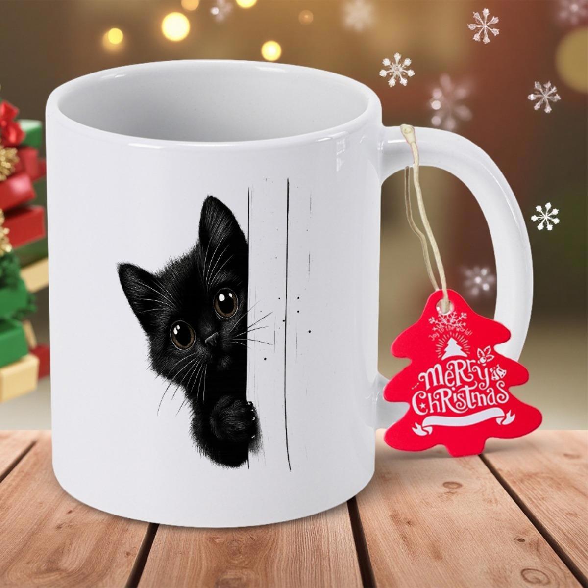 Tailorly White Ceramic 11 oz Mug - Merry Christmas Cute Black Kitten Peeking From Behind A Vertical Line With Big Eyes Cat