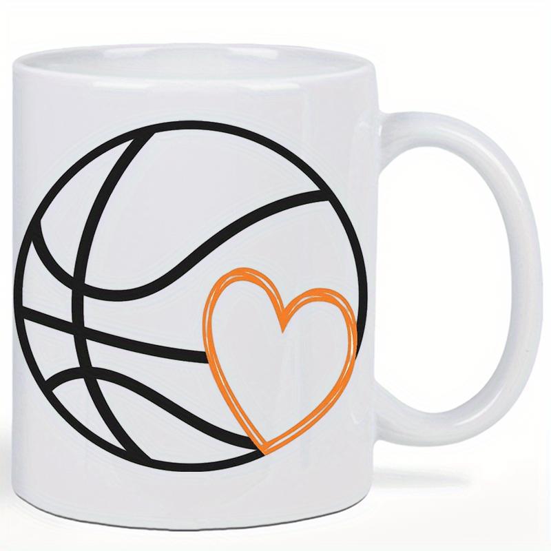 Tailorly White Ceramic 11 oz Mug - Minimalist Black Outline Featuring A Small Vibrant Orange Heart Outline Basketball