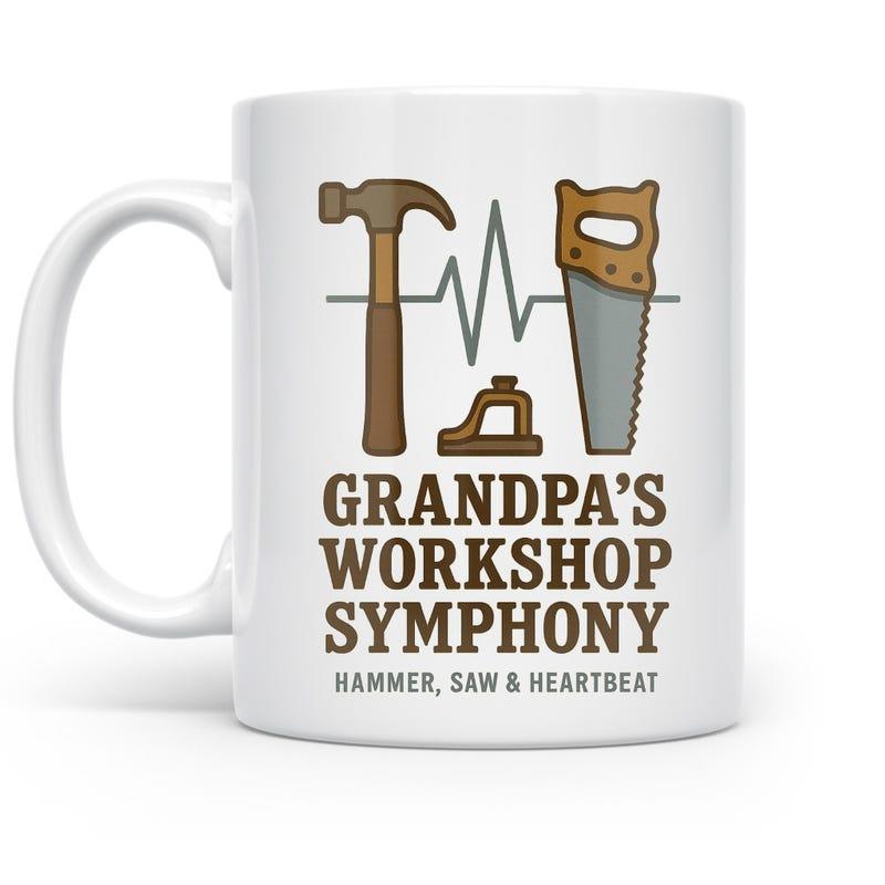 Tailorly White Ceramic 11 oz Mug - Grandpas Workshop Symphony Hammer Saw Heartbeat Classic Woodworking Hand Tools Arranged With A Vital Lifeline Pulse Tool
