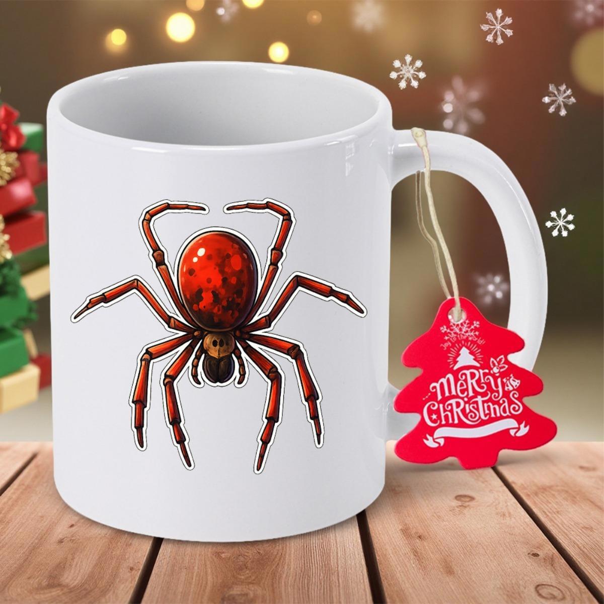 Tailorly White Ceramic 11 oz Mug - Merry Christmas Vibrant Red And Black Crawling Arachnid With Detailed Legs Spider