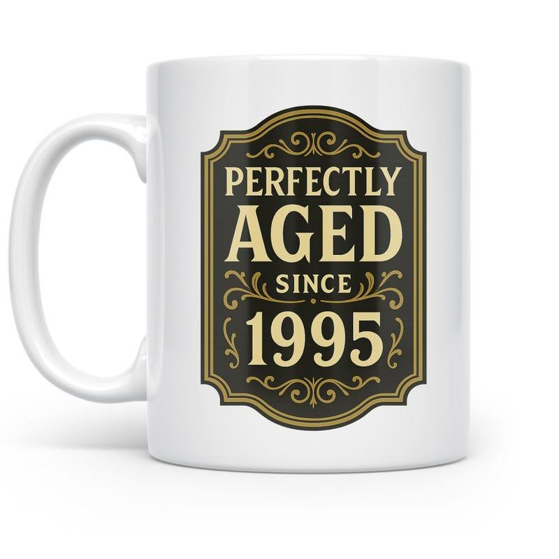 Tailorly White Ceramic 11 oz Mug - Perfectly Aged Since 1995 Vintage Classic Ornate Badge Featuring Decorative Golden Filigree Scrollwork Mug