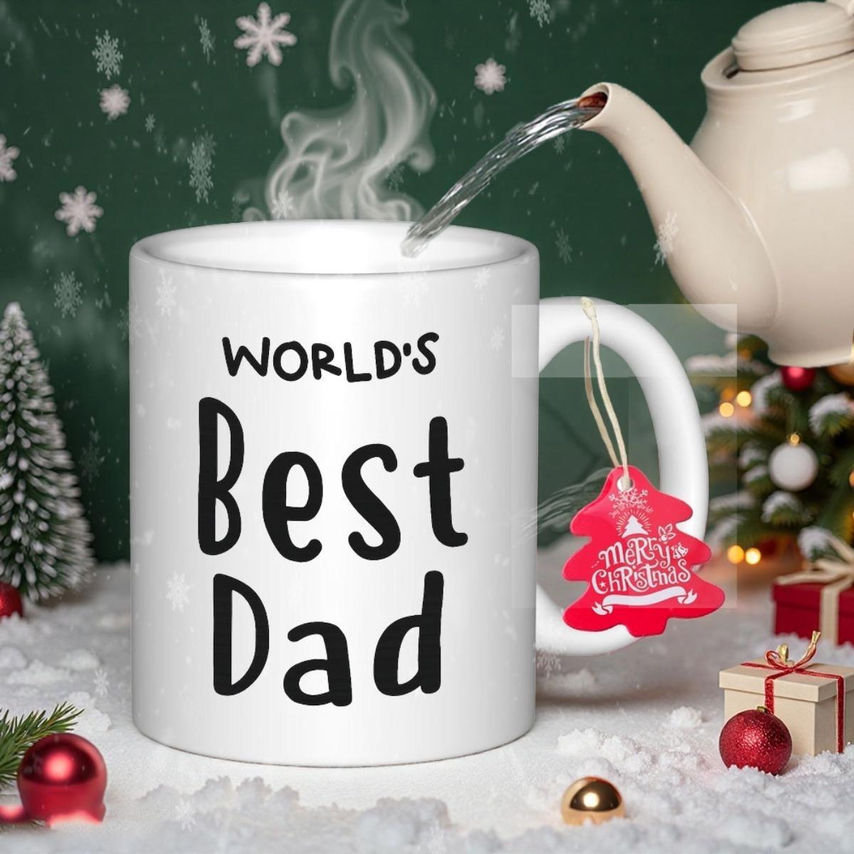 Tailorly White Ceramic 11 oz Mug - Worlds Best Dad Elegant White Ceramic Vessel Surrounded By Festive Winter Christmas Decorations Mug