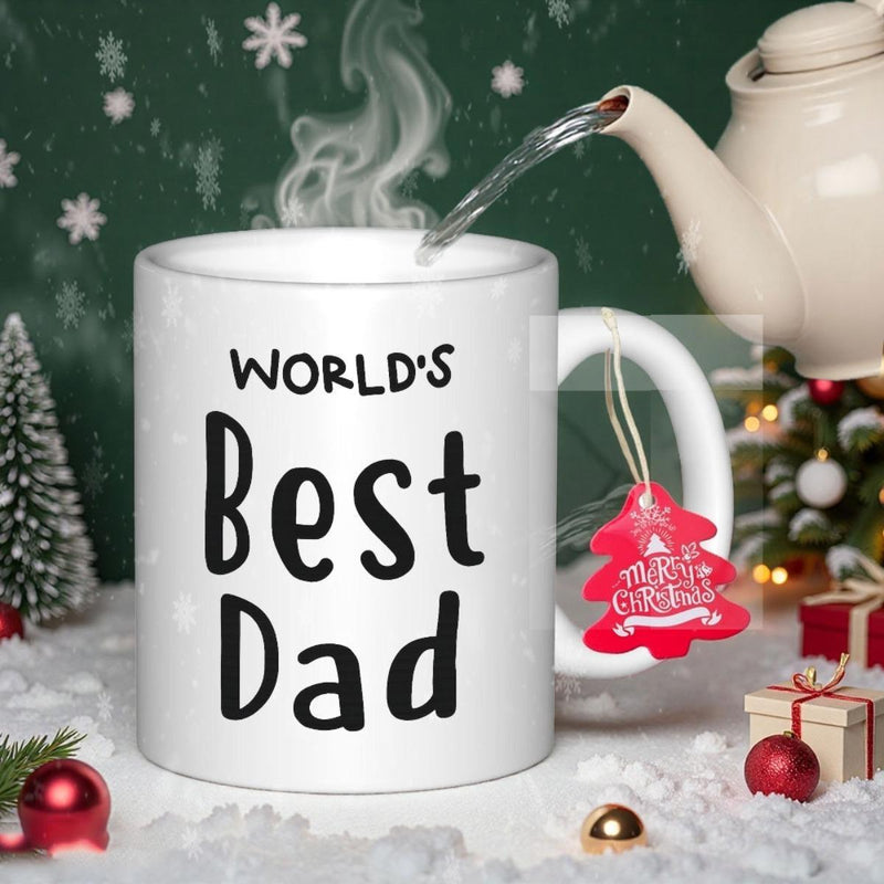 Tailorly White Ceramic 11 oz Mug - Worlds Best Dad Elegant White Ceramic Vessel Surrounded By Festive Winter Christmas Decorations Mug