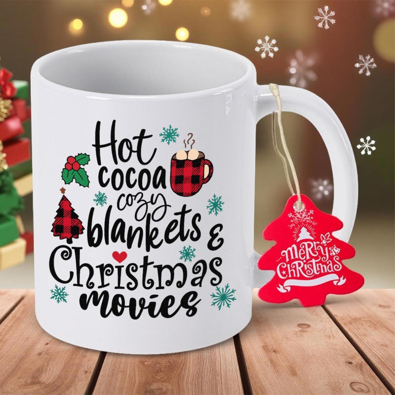 Tailorly White Ceramic 11 oz Mug - Hot Cocoa Cozy Blankets Christmas Movies Festive Holiday Design With Red Plaid Patterns Among Snowflakes And Holly Mug