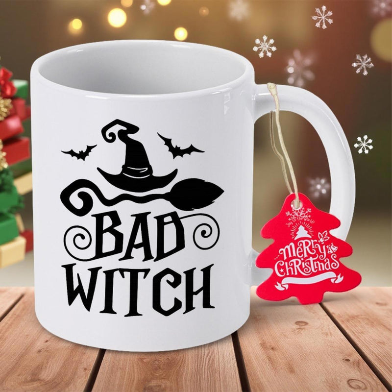 Tailorly White Ceramic 11 oz Mug - Bad Witch Classic Witch Hat With Flying Bats Above A Silhouette Broomstick Mug