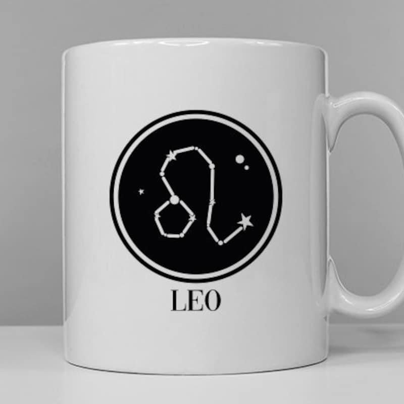 Tailorly White Ceramic 11 oz Mug - Leo Minimalist Circular Seal Featuring Celestial Stars And Zodiac Constellation