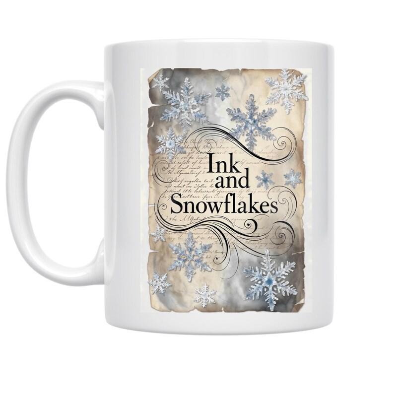 Tailorly White Ceramic 11 oz Mug - Ink And Snowflakes Delicate Blue Icy Crystals Drifting Across Vintage Aged Parchment Paper Background Snowflake