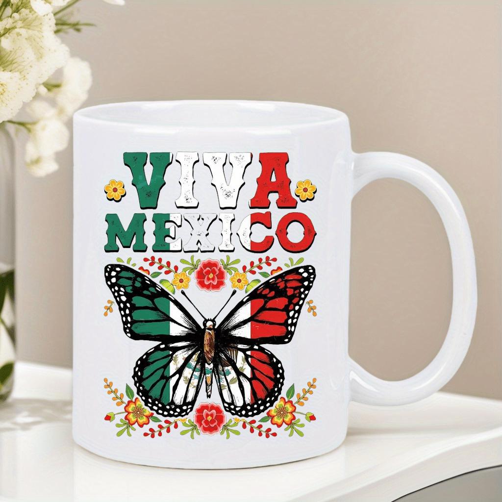 Tailorly White Ceramic 11 oz Mug - Viva Mexico Vibrant Wings Featuring Mexican Flag Colors Surrounded By Small Flowers Butterfly