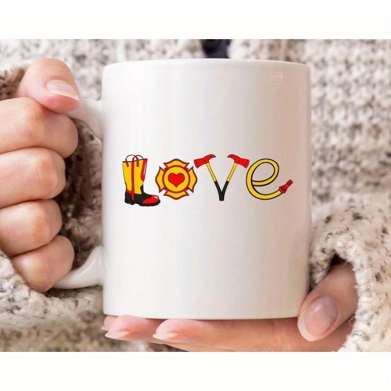 Tailorly White Ceramic 11 oz Mug - Love Featuring Boots Axes And Hose Arranged Into Symbolic Firefighter Gear