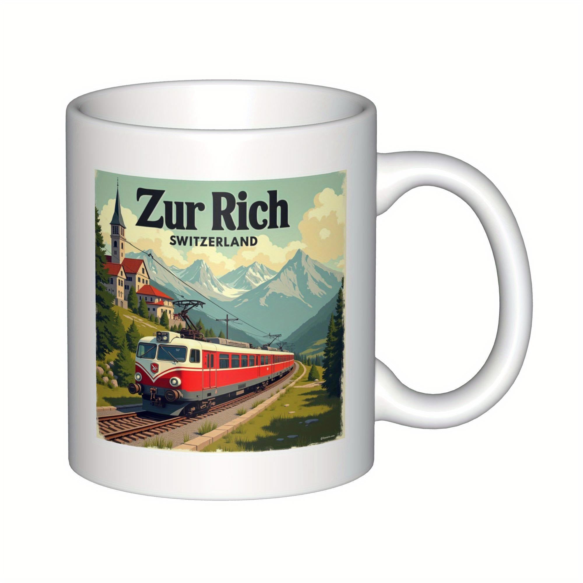 Tailorly White Ceramic 11 oz Mug - Zurich Switzerland Classic Vintage Red Train Traveling Through Scenic Alpine Mountains Landscape Train