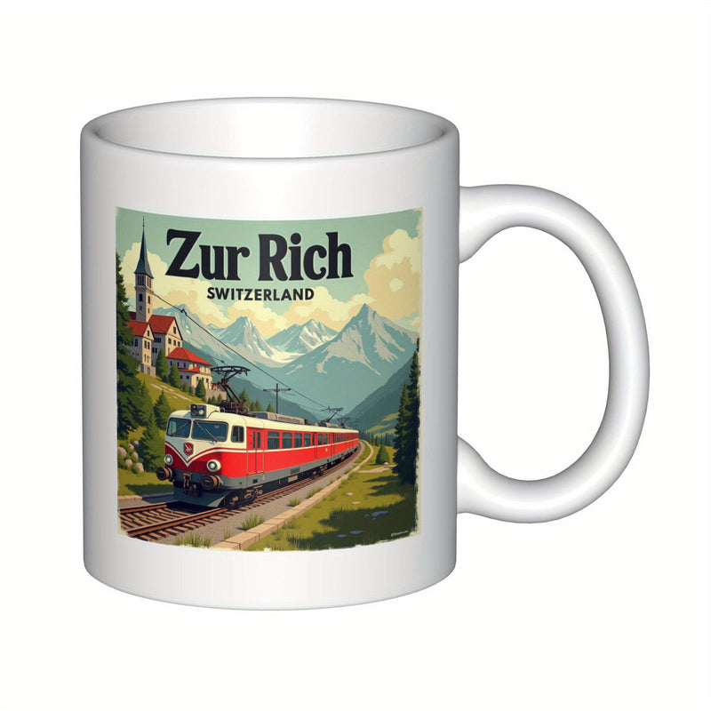 Tailorly White Ceramic 11 oz Mug - Zurich Switzerland Classic Vintage Red Train Traveling Through Scenic Alpine Mountains Landscape Train