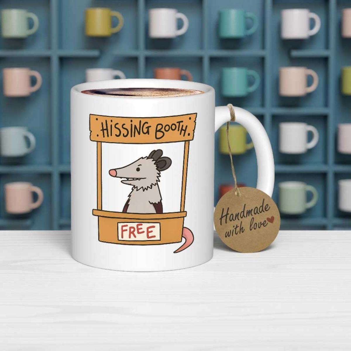 Tailorly White Ceramic 11 oz Mug - Hissing Booth Free Funny Hand Drawn Cartoon Animal Inside A Small Wooden Booth Opossum
