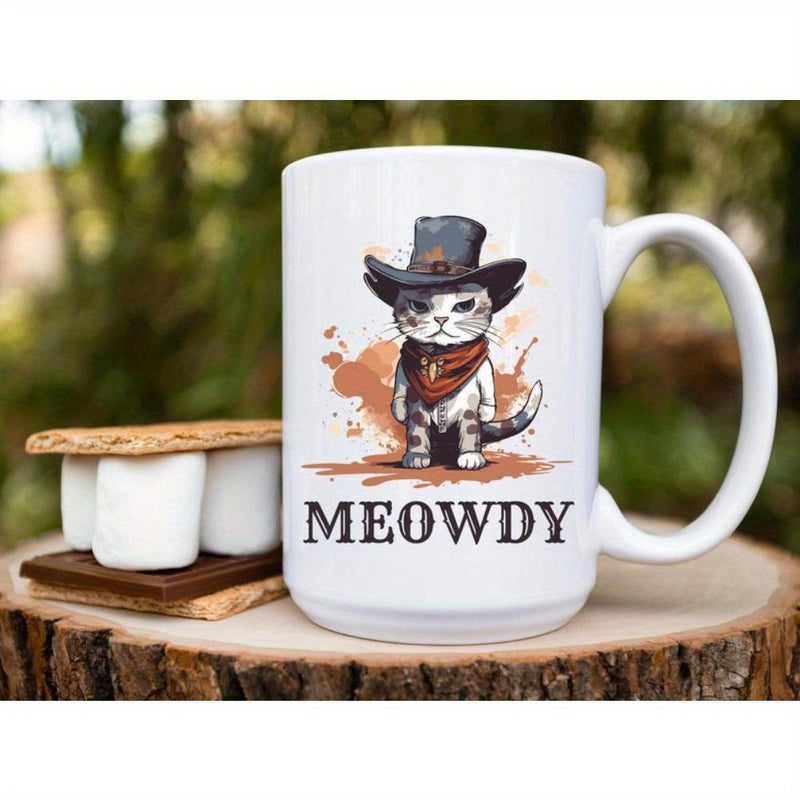 Tailorly White Ceramic 11 oz Mug - Meowdy Tough Little Cowboy Cat Wearing Bandana And Hat Standing Firm Cat