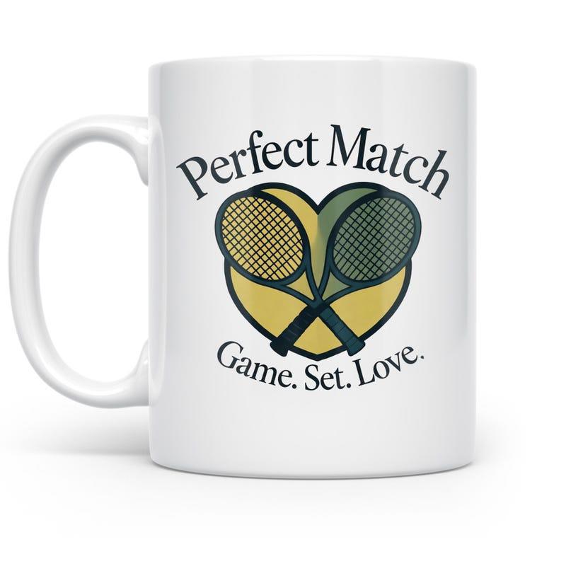 Tailorly White Ceramic 11 oz Mug - Perfect Match Game Set Love Vintage Style Crossed Equipment Forming A Heart Silhouette Tennis Racket