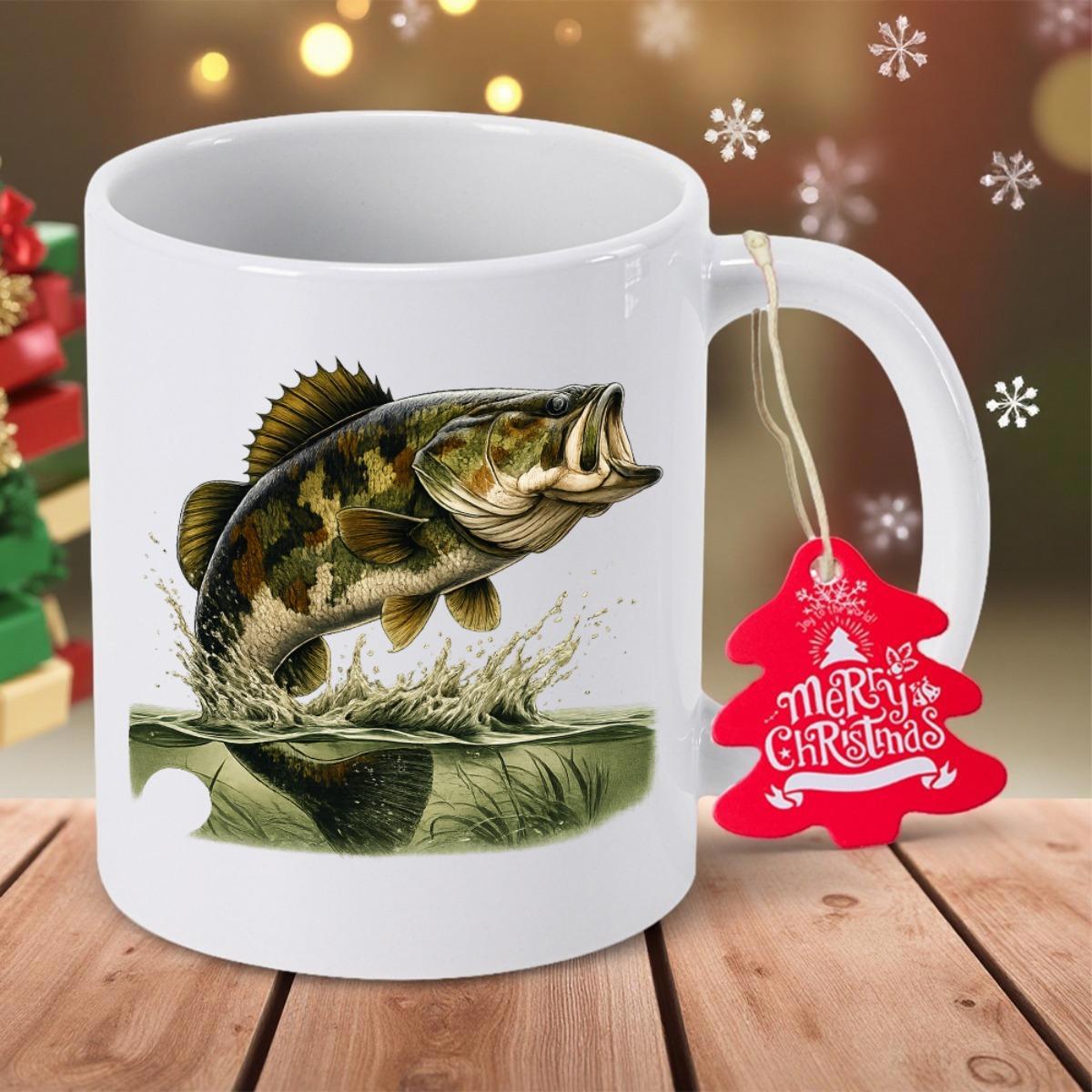 Tailorly White Ceramic 11 oz Mug - Merry Christmas Realistic Bass Jumping From Splashing Water Among Ripples In Natural Habitat Bass