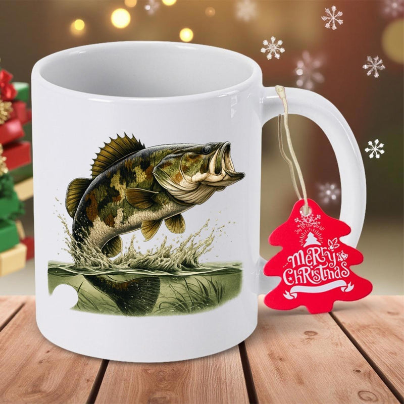 Tailorly White Ceramic 11 oz Mug - Merry Christmas Realistic Bass Jumping From Splashing Water Among Ripples In Natural Habitat Bass