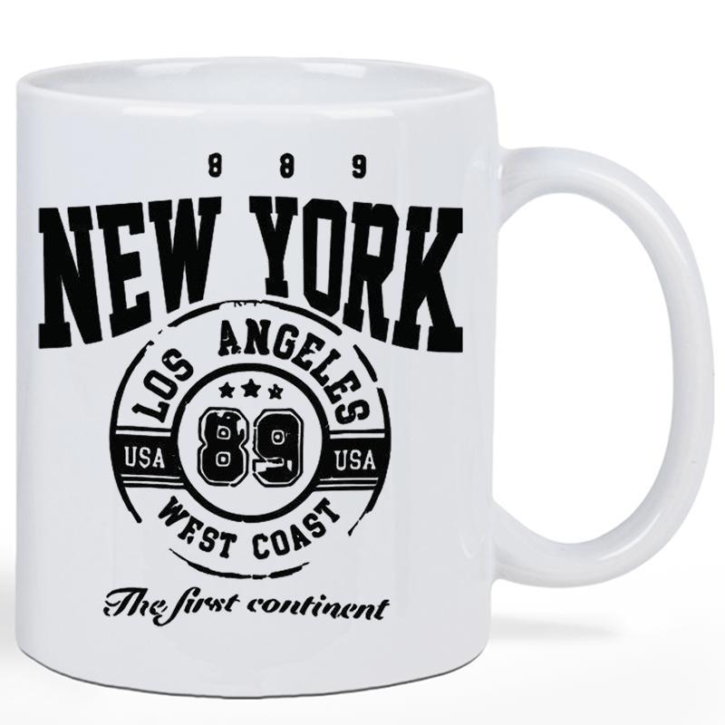 Tailorly White Ceramic 11 oz Mug - New York Los Angeles USA West Coast The First Continent Vintage College Style Circular Emblem With Bold Typography And Stars