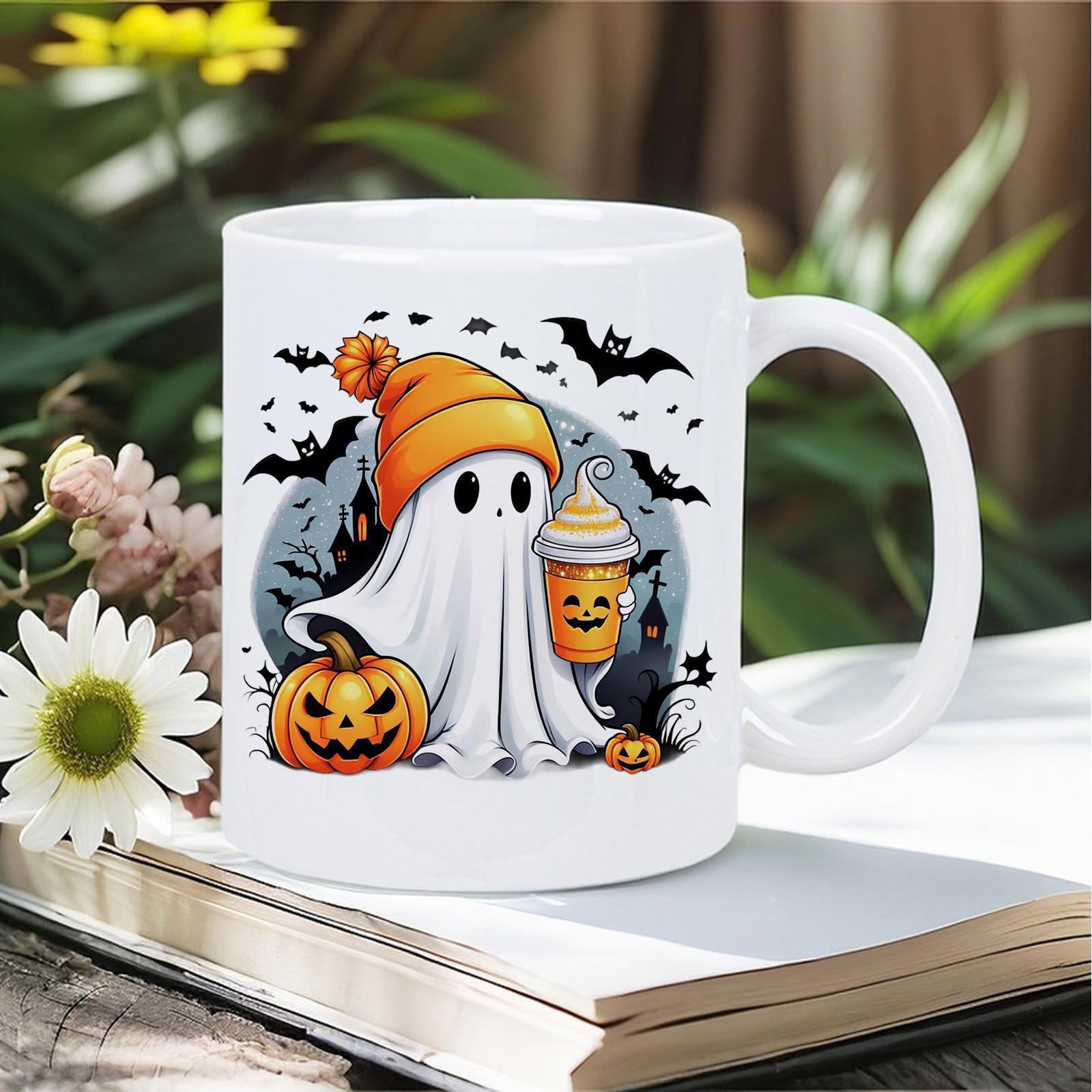 Tailorly White Ceramic 11 oz Mug - Cute Cartoon Character Wearing Orange Beanie Holding Seasonal Coffee Cup Next To Carved Halloween Pumpkin Ghost